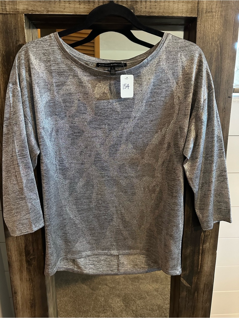 White House Black Market Silver Metallic Knit Top Size Small 3/4 Sleeve Shimmer